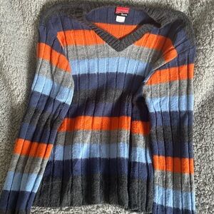 Striped V-Neck Sweater - Orange, Blue, Gray